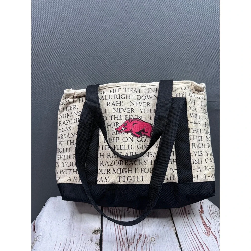 Arkansas Razorbacks Insulated Cooler Tote Bag Fight Song Script Canvas Black Red